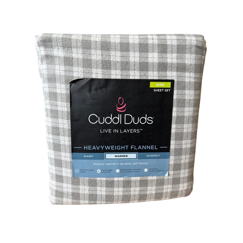 Cuddl Duds King Heavyweight Flannel Sheet Set Buffalo Gray Plaid Gift NEW